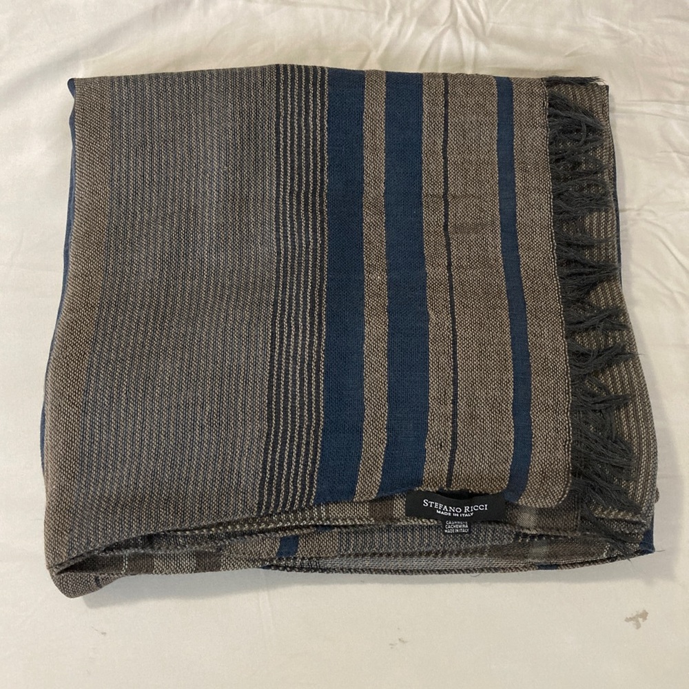 RARE Stefano Ricci Wool/Cashmere Oversized Scarf Grey/Navy Blue Shawl Fringe